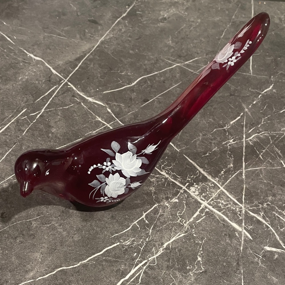 Fenton Burgundy Glass Bird with White Floral Accents